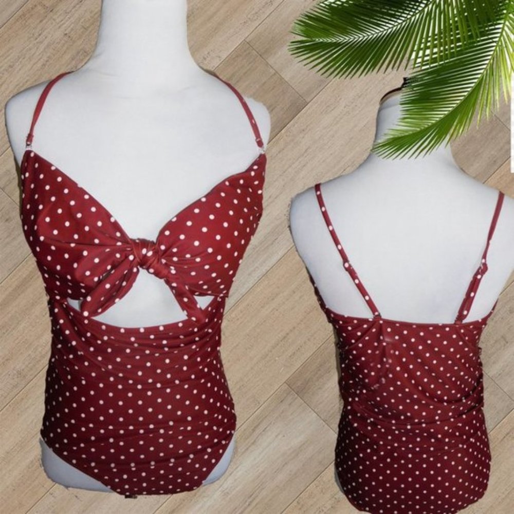 DARK RED POLKA DOT CUT OUT FRONT TIE ONE PIECE SWIMSUIT